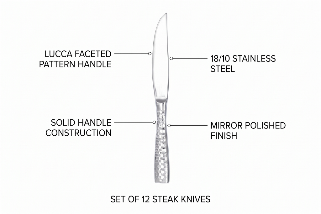 Fortessa Lucca Faceted 18/10 Stainless Steel Flatware Solid Handle Steak Knife, Set of 12, Mirror Polished