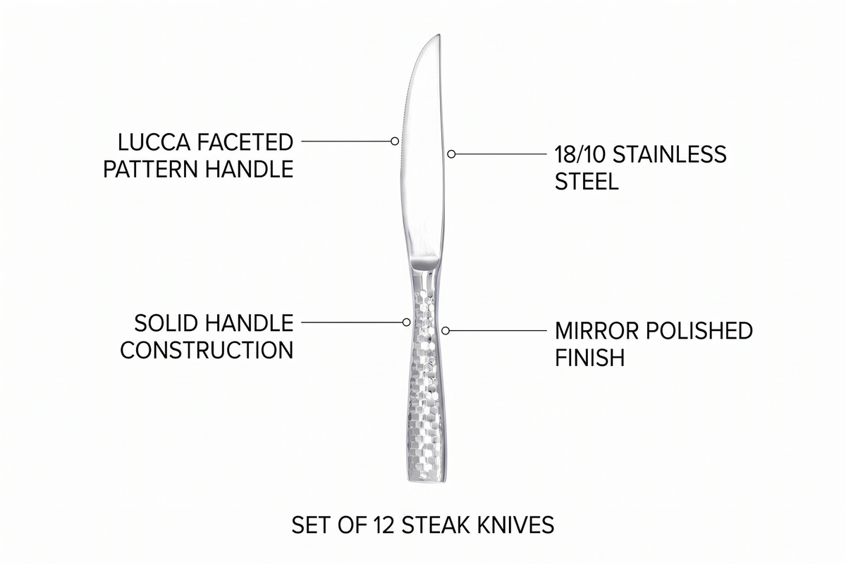 Fortessa Lucca Faceted 18/10 Stainless Steel Flatware Solid Handle Steak Knife, Set of 12, Mirror Polished