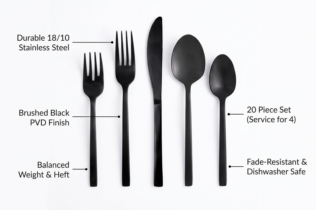 Fortessa Arezzo 18/10 Stainless Steel Flatware, 20 Piece Place Setting (Service for 4), Brushed Black
