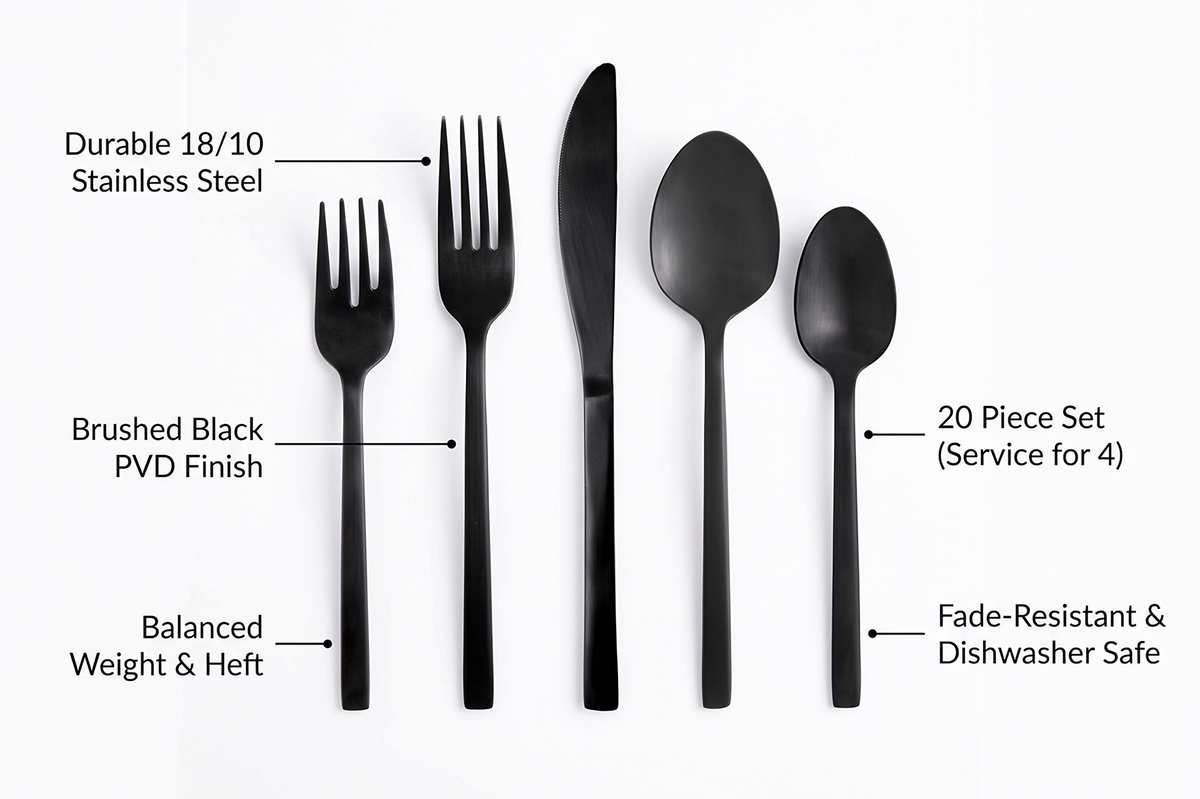 Fortessa Arezzo 18/10 Stainless Steel Flatware, 20 Piece Place Setting (Service for 4), Brushed Black