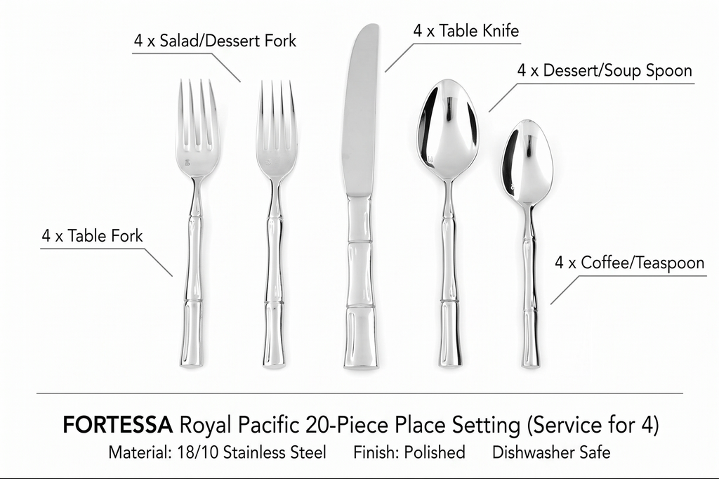 FORTESSA Royal Pacific 18/10 Stainless Steel Flatware, 20 Piece Place Setting With Table Knife, Forks and Spoons (Service For 4), Dishwasher Safe, Polished