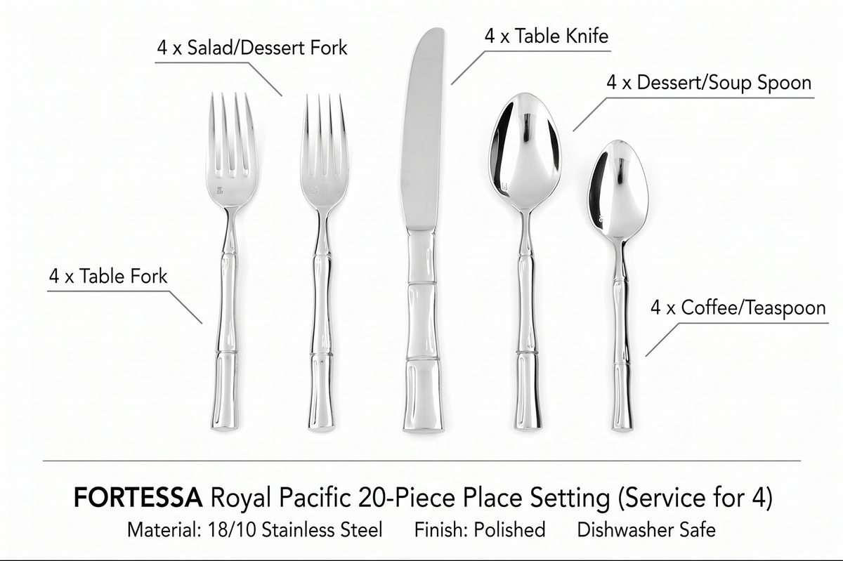 FORTESSA Royal Pacific 18/10 Stainless Steel Flatware, 20 Piece Place Setting With Table Knife, Forks and Spoons (Service For 4), Dishwasher Safe, Polished