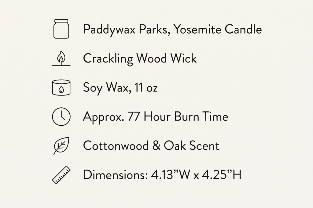 Paddywax Parks, Yosemite Scented Candle in Reusable Ceramic Jar with Crackling Wood Wick, Soy Candle with Approx. 77 Hour Burn Time, Decorative Gift Candles for Home, Cottonwood & Oak Scent, 11 oz