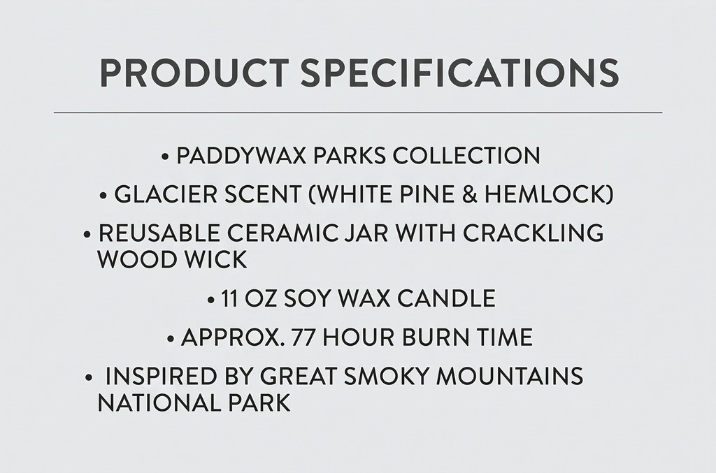 Paddywax Parks, Glacier Scented Candle in Reusable Ceramic Jar with Crackling Wood Wick, Soy Candle with Approx. 77 Hour Burn Time, Decorative Gift Candles for Home, White Pine & Hemlock Scent, 11 oz
