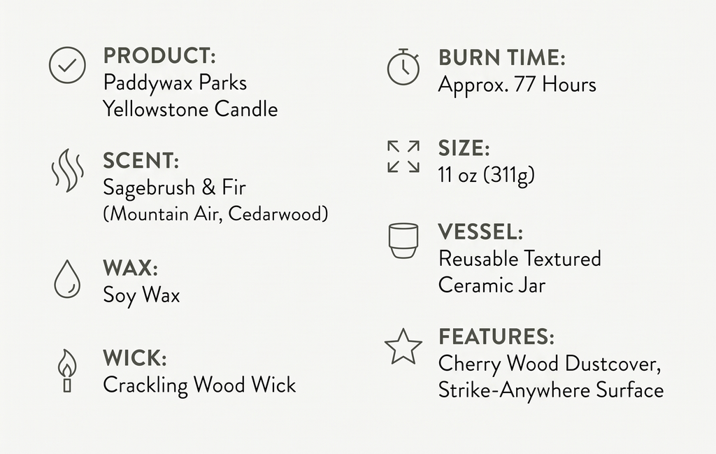 Paddywax Parks, Yellowstone Scented Candle in Reusable Ceramic Jar with Crackling Wood Wick, Soy Candle with Approx. 77 Hour Burn Time, Decorative Gift Candles for Home, Sagebrush & Fir Scent, 11 oz