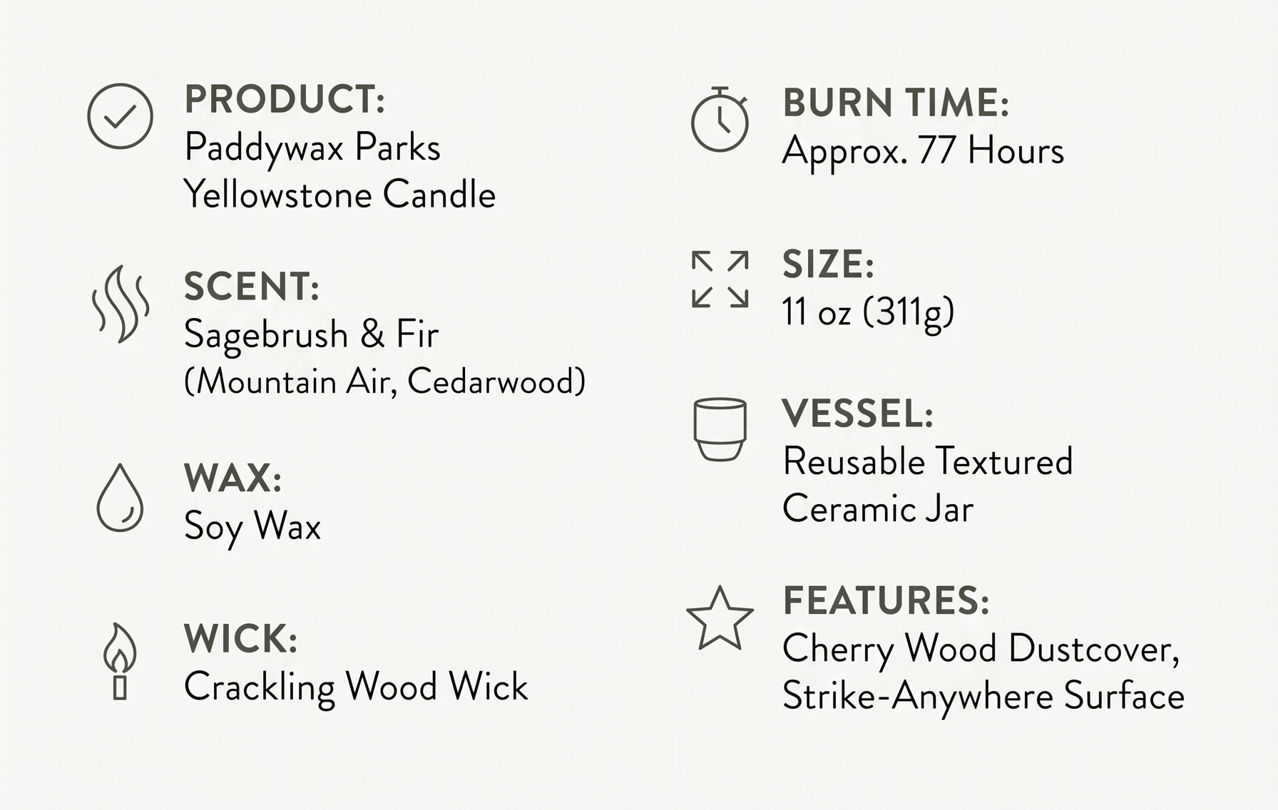 Paddywax Parks, Yellowstone Scented Candle in Reusable Ceramic Jar with Crackling Wood Wick, Soy Candle with Approx. 77 Hour Burn Time, Decorative Gift Candles for Home, Sagebrush & Fir Scent, 11 oz