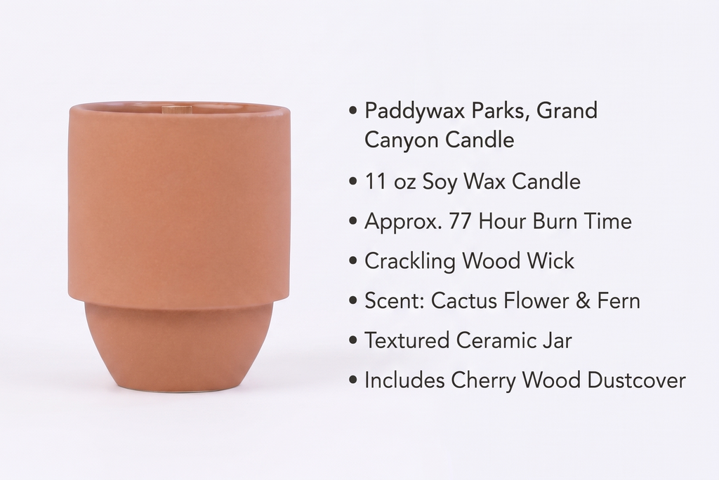 Paddywax Parks, Grand Canyon Scented Candle in Ceramic Jar with Crackling Wood Wick, Soy Candle with Approx. 77 Hour Burn Time, Decorative Gift Candles for Home, Cactus Flower & Fern Scent, 11 oz