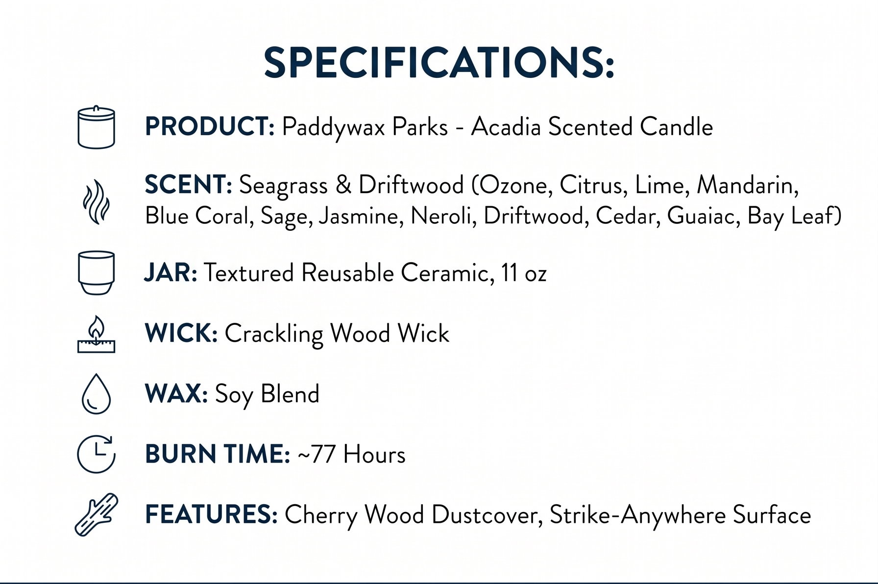 Paddywax Parks, Acadia Scented Candle in Reusable Ceramic Jar with Crackling Wood Wick, Soy Candle with Approx. 77 Hour Burn Time, Decorative Gift Candles for Home, Seagrass & Driftwood Scent, 11 oz