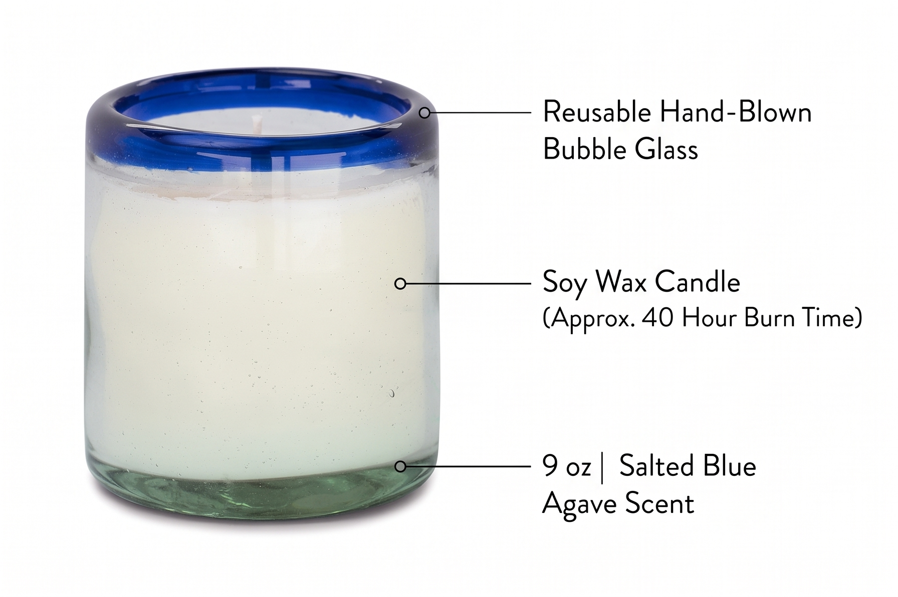 Paddywax La Playa, Salted Blue Agave Scented Candle in Reusable Hand-Blown Bubble Glass, Soy Wax Candle with Approx. 40 Hour Burn Time, Decorative Gift Candle for Home, Salted Blue Agave, 9 oz