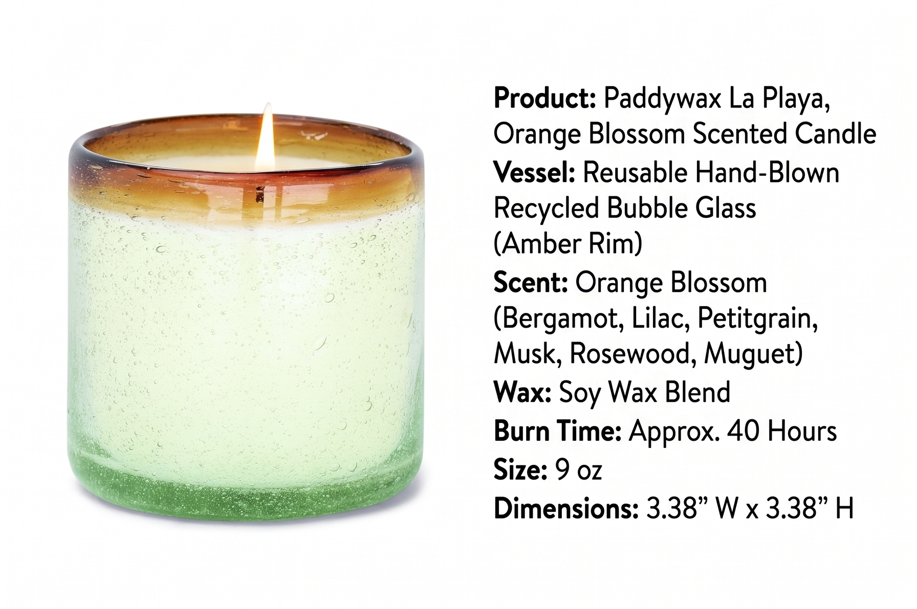 Paddywax La Playa, Orange Blossom Scented Candle in Reusable Hand-Blown Bubble Glass, Soy Wax Candle with Approx. 40 Hour Burn Time, Decorative Gift Candle for Home, Orange Blossom, 9 oz