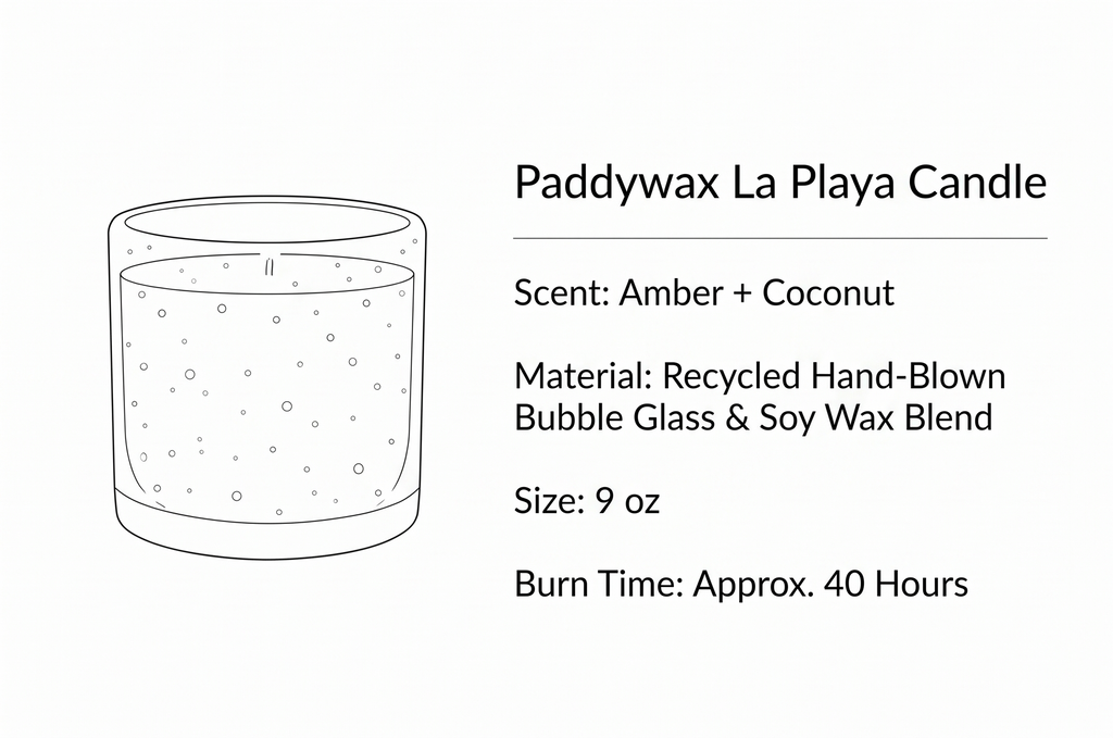 Paddywax La Playa, Amber + Coconut Scented Candle in Reusable Hand-Blown Bubble Glass, Soy Wax Candle with Approx. 40 Hour Burn Time, Decorative Gift Candle for Home, Amber + Coconut, 9 oz