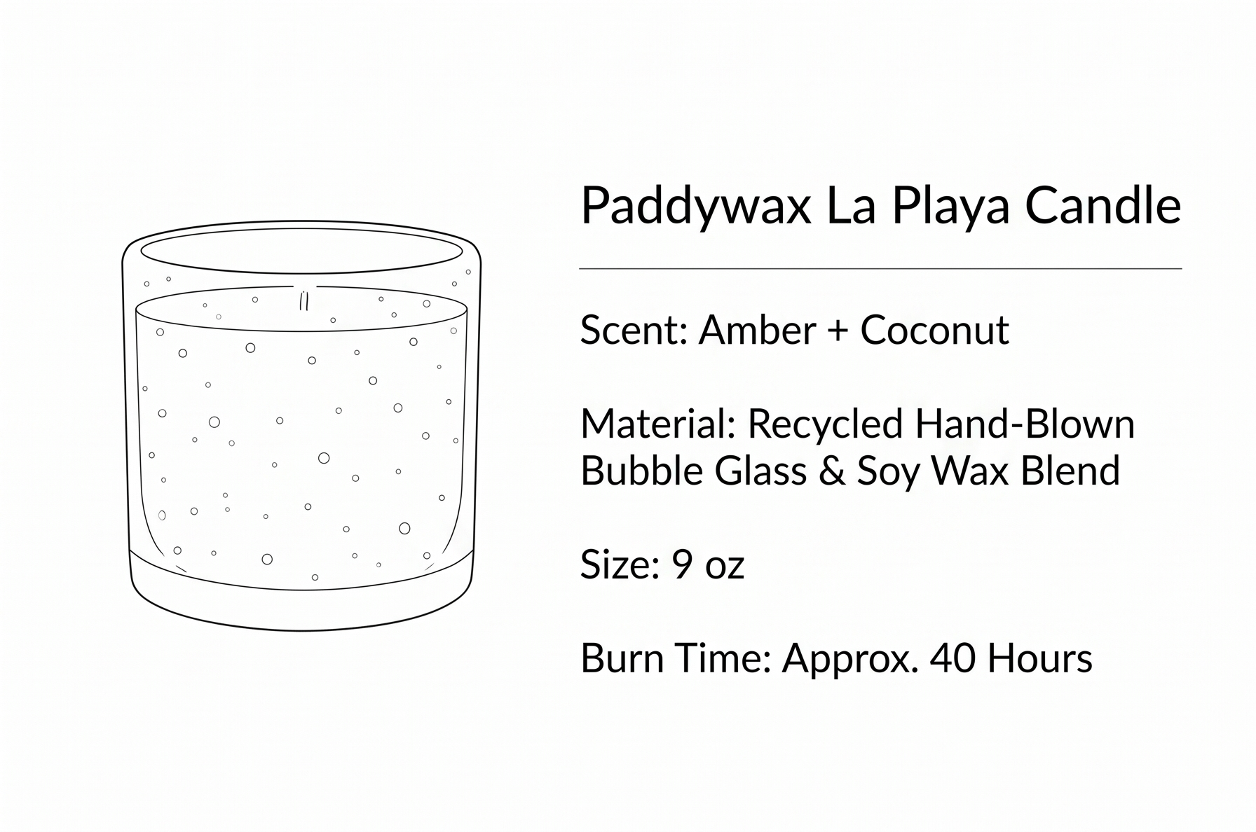 Paddywax La Playa, Amber + Coconut Scented Candle in Reusable Hand-Blown Bubble Glass, Soy Wax Candle with Approx. 40 Hour Burn Time, Decorative Gift Candle for Home, Amber + Coconut, 9 oz