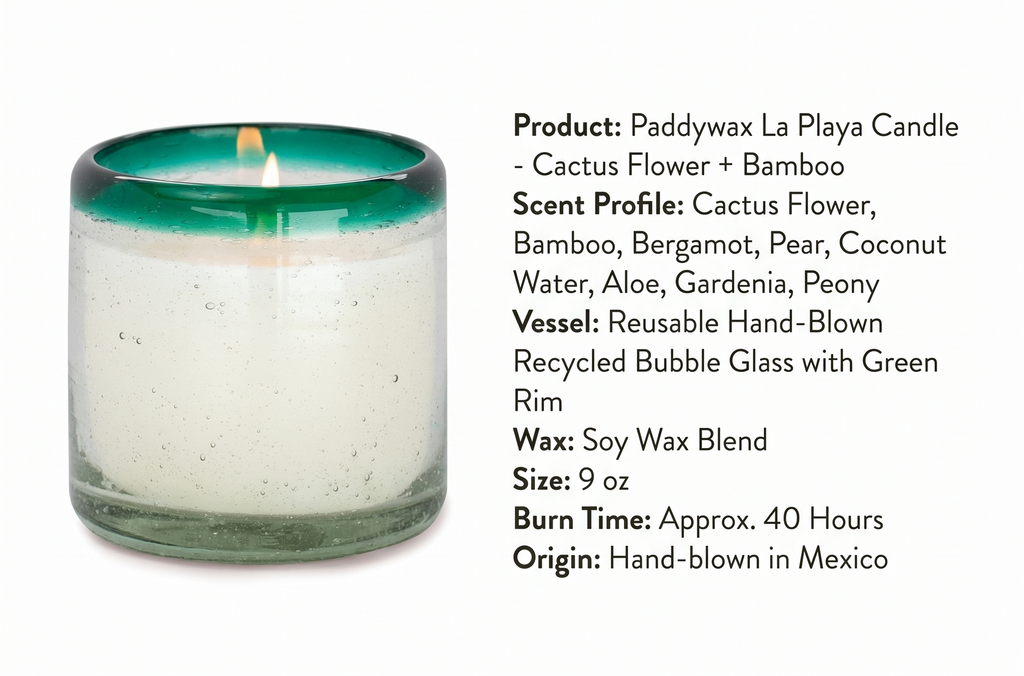 Paddywax La Playa, Cactus Flower + Bamboo Scented Candle in Reusable Hand-Blown Bubble Glass, Soy Wax Candle with Approx. 40 Hour Burn Time, Decorative Gift Candle for Home, Cactus Flower + Bamboo