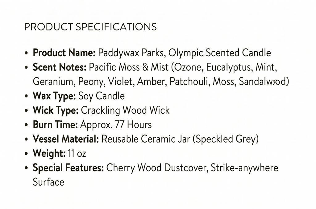 Paddywax Parks, Olympic Scented Candle in Reusable Ceramic Jar with Crackling Wood Wick, Soy Candle with Approx. 77 Hour Burn Time, Decorative Gift Candles for Home, Moss & Mint Scent, 11 oz