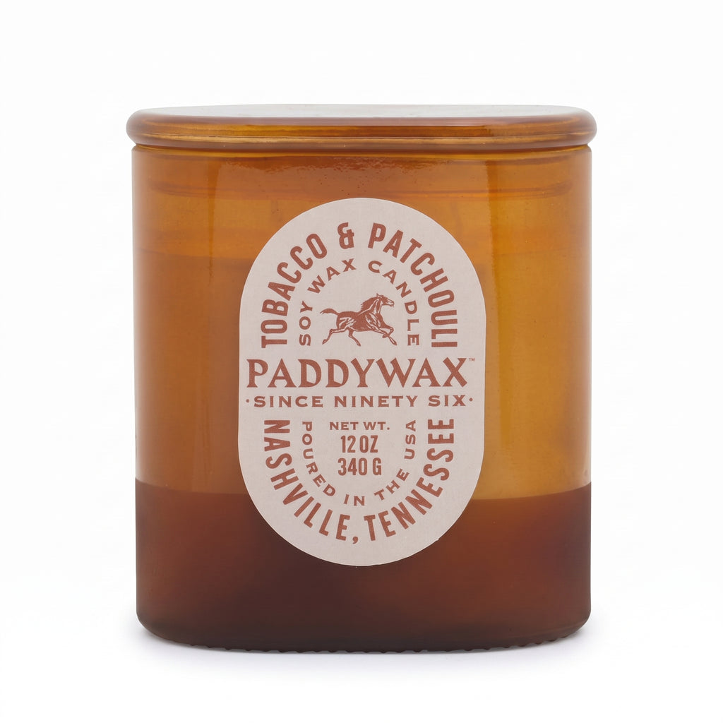 Paddywax Vista Scented Candle with Lid in Reusable Tonal Glass Jar, Clean-Burn 2-Wick Soy Candle with Approx. 84 Hour Burn Time, Decorative Gift Candles for Home, Tobacco & Patchouli, 12 oz