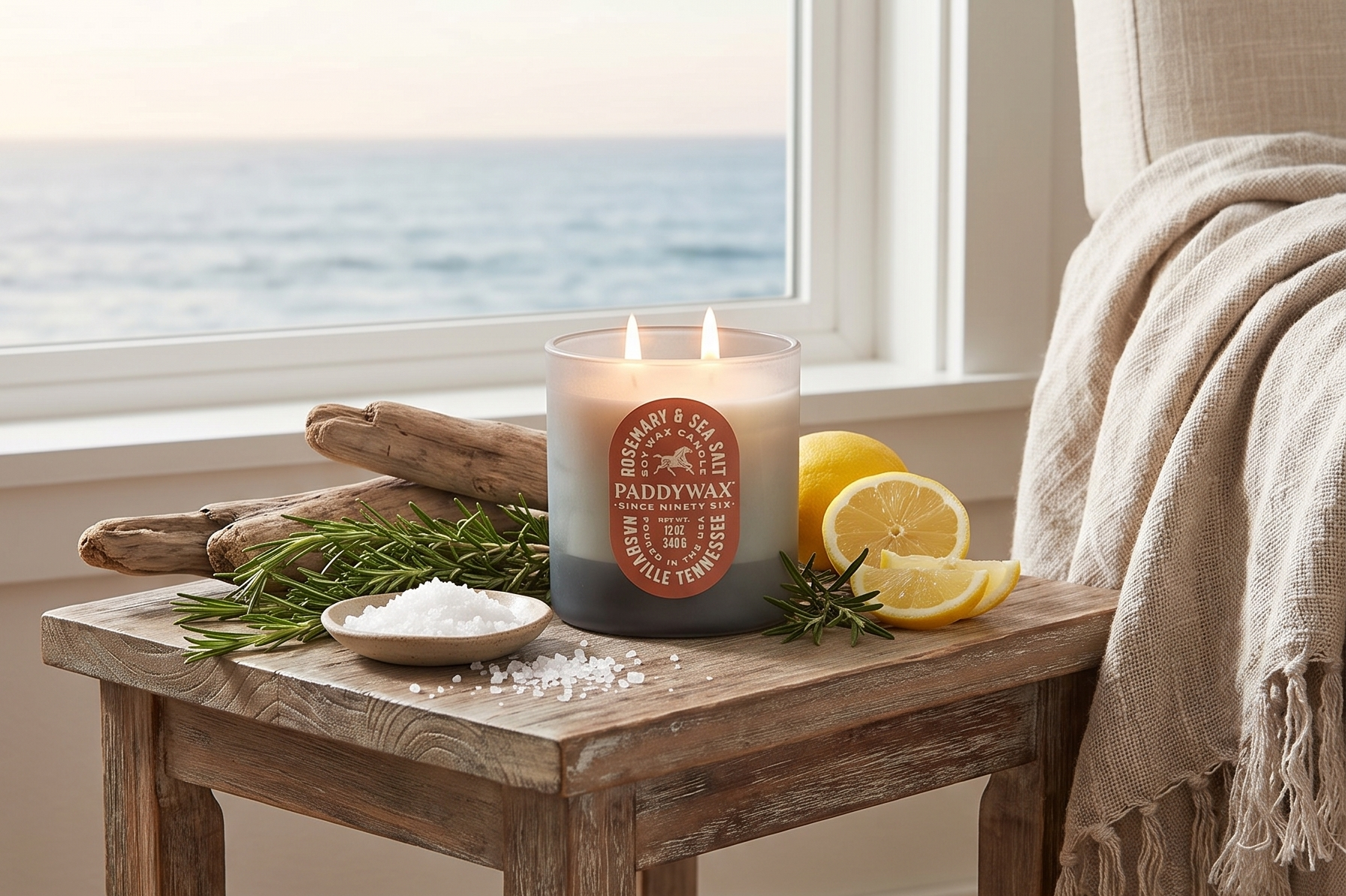Paddywax Vista Scented Candle with Lid in Reusable Tonal Glass Jar, Clean-Burn 2-Wick Soy Candle with Approx. 84 Hour Burn Time, Decorative Gift Candles for Home, Rosemary & Sea Salt, 12 oz