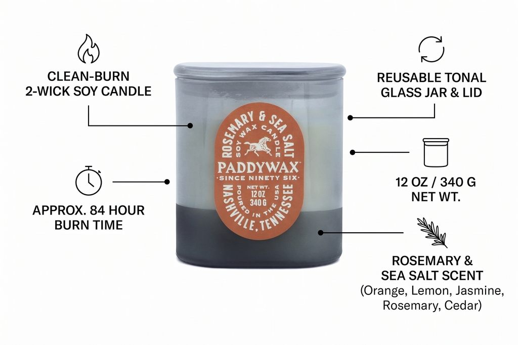 Paddywax Vista Scented Candle with Lid in Reusable Tonal Glass Jar, Clean-Burn 2-Wick Soy Candle with Approx. 84 Hour Burn Time, Decorative Gift Candles for Home, Rosemary & Sea Salt, 12 oz