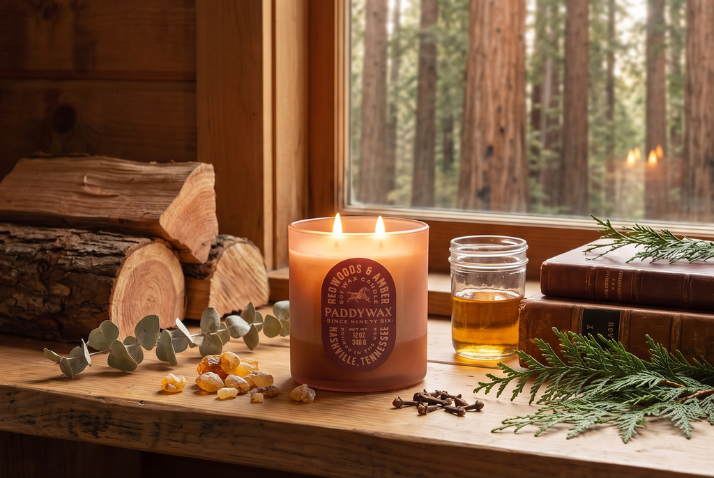 Paddywax Vista Scented Candle with Lid in Reusable Tonal Glass Jar, Clean-Burn 2-Wick Soy Candle with Approx. 84 Hour Burn Time, Decorative Gift Candles for Home, Redwoods & Amber, 12 oz