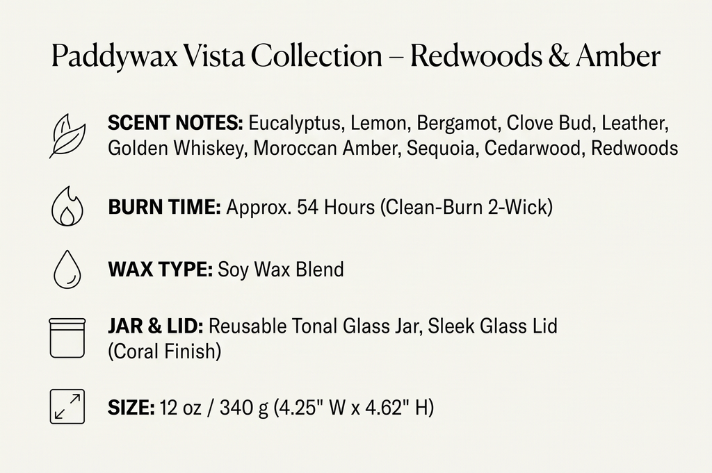 Paddywax Vista Scented Candle with Lid in Reusable Tonal Glass Jar, Clean-Burn 2-Wick Soy Candle with Approx. 84 Hour Burn Time, Decorative Gift Candles for Home, Redwoods & Amber, 12 oz