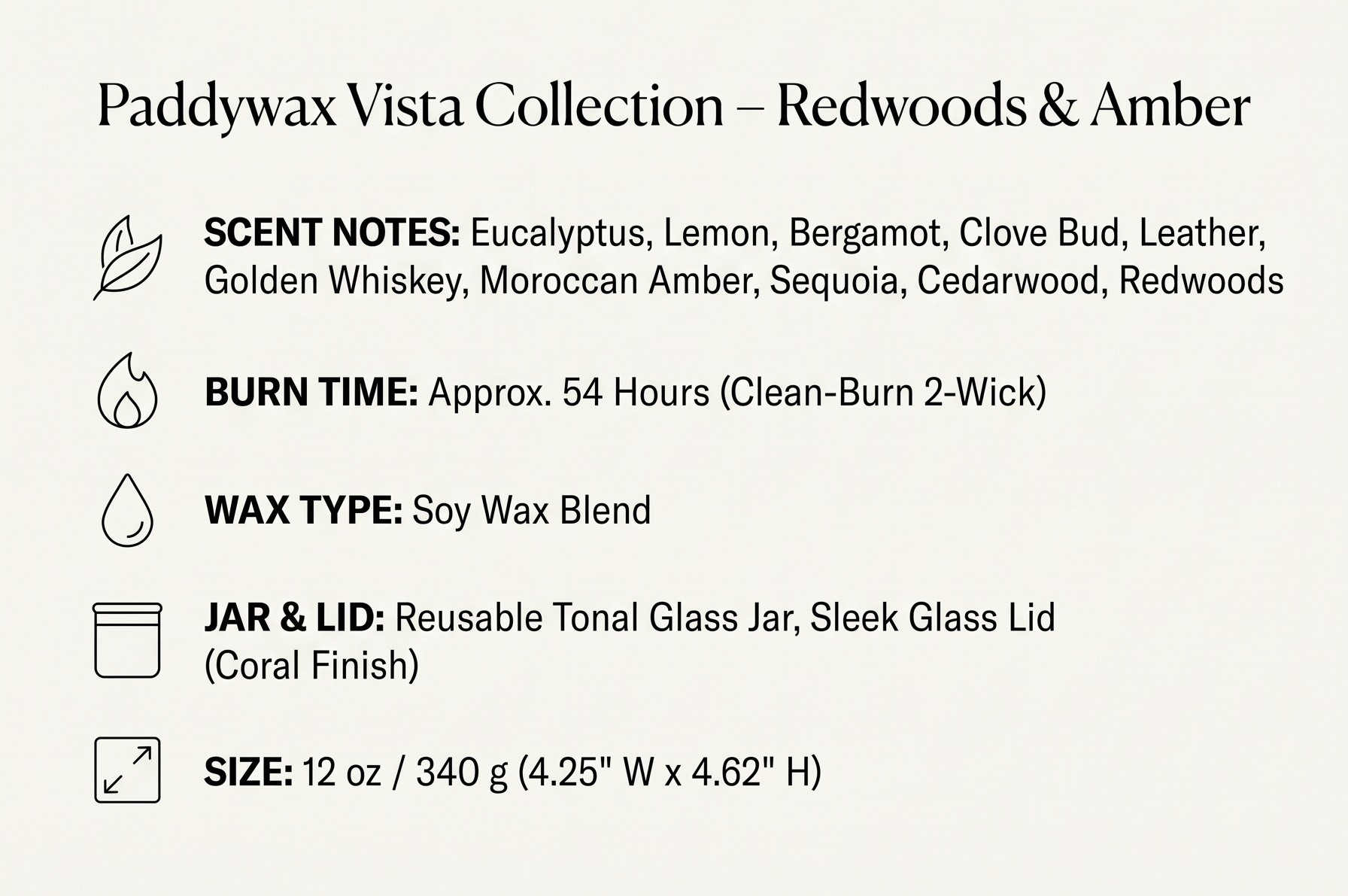 Paddywax Vista Scented Candle with Lid in Reusable Tonal Glass Jar, Clean-Burn 2-Wick Soy Candle with Approx. 84 Hour Burn Time, Decorative Gift Candles for Home, Redwoods & Amber, 12 oz