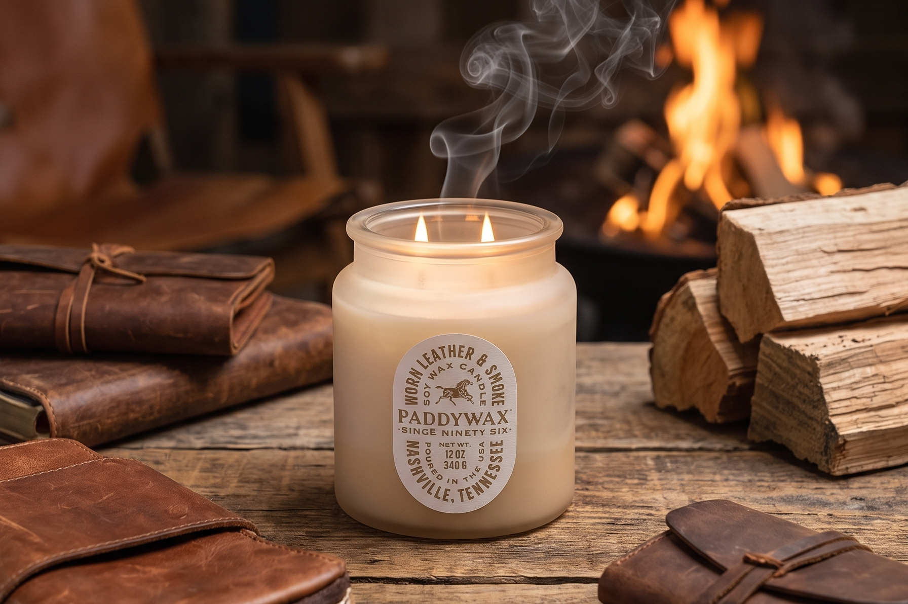 Paddywax Vista Scented Candle with Lid in Reusable Tonal Glass Jar, Clean-Burn 2-Wick Soy Candle with Approx. 84 Hour Burn Time, Decorative Gift Candles for Home, Worn Leather & Smoke, 12 oz