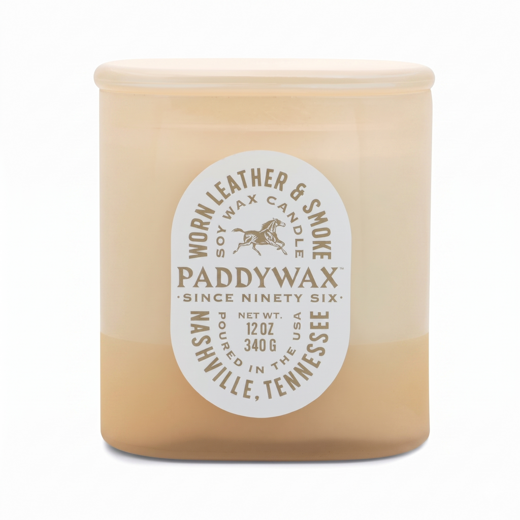 Paddywax Vista Scented Candle with Lid in Reusable Tonal Glass Jar, Clean-Burn 2-Wick Soy Candle with Approx. 84 Hour Burn Time, Decorative Gift Candles for Home, Worn Leather & Smoke, 12 oz