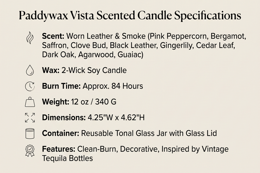 Paddywax Vista Scented Candle with Lid in Reusable Tonal Glass Jar, Clean-Burn 2-Wick Soy Candle with Approx. 84 Hour Burn Time, Decorative Gift Candles for Home, Worn Leather & Smoke, 12 oz