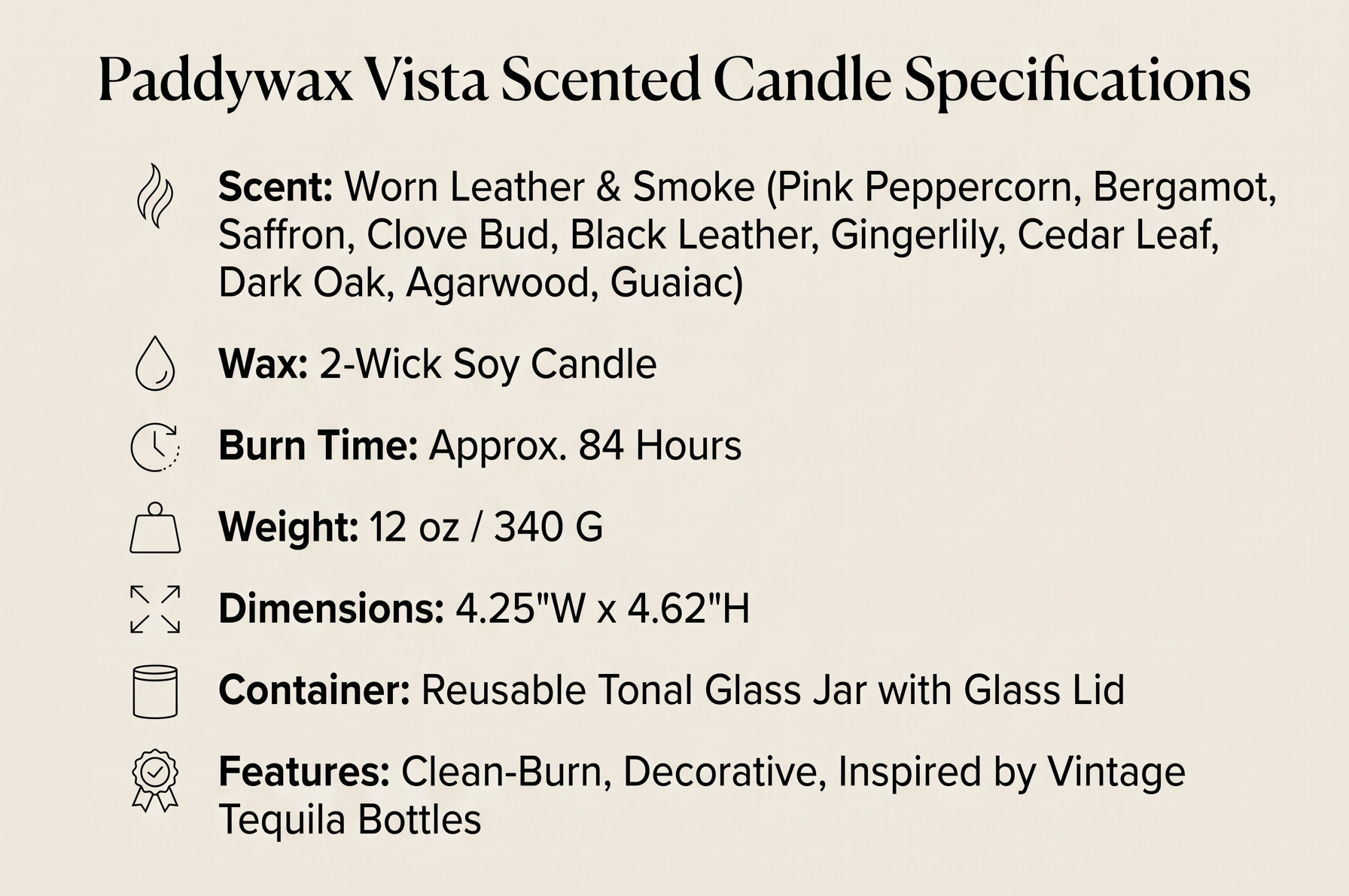 Paddywax Vista Scented Candle with Lid in Reusable Tonal Glass Jar, Clean-Burn 2-Wick Soy Candle with Approx. 84 Hour Burn Time, Decorative Gift Candles for Home, Worn Leather & Smoke, 12 oz