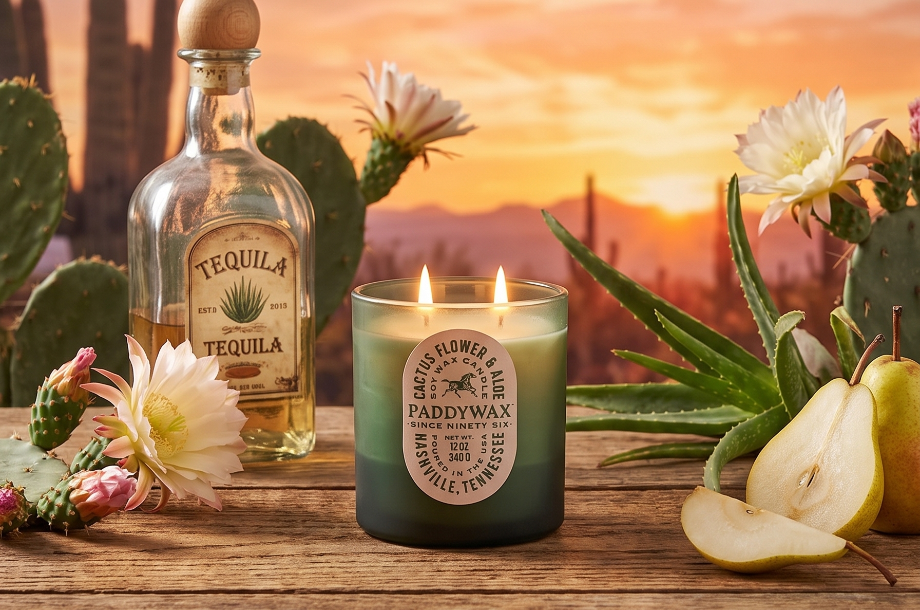 Paddywax Vista Scented Candle with Lid in Reusable Tonal Glass Jar, Clean-Burn 2-Wick Soy Candle with Approx. 84 Hour Burn Time, Decorative Gift Candles for Home, Cactus Flower & Aloe, 12 oz