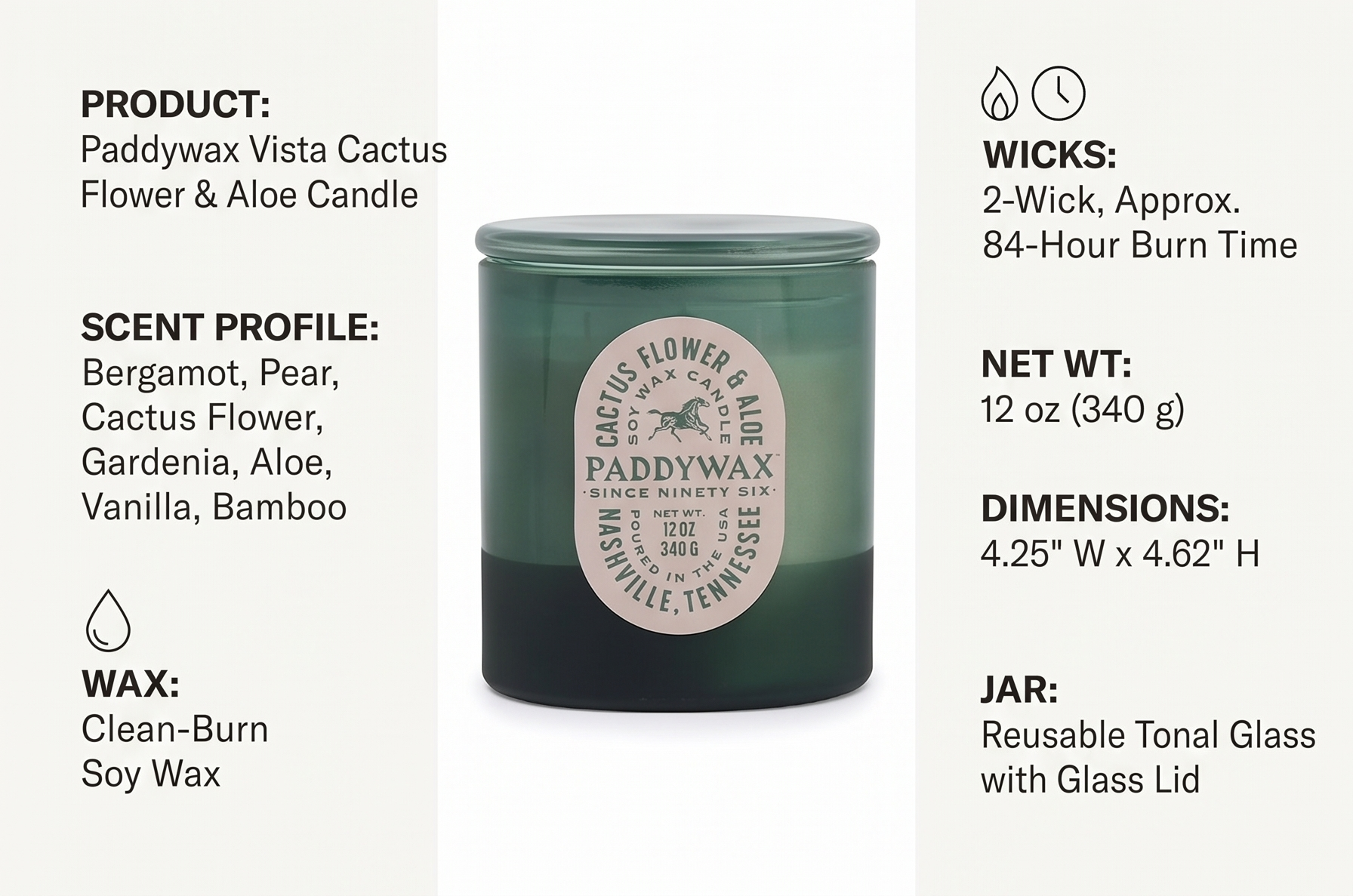 Paddywax Vista Scented Candle with Lid in Reusable Tonal Glass Jar, Clean-Burn 2-Wick Soy Candle with Approx. 84 Hour Burn Time, Decorative Gift Candles for Home, Cactus Flower & Aloe, 12 oz