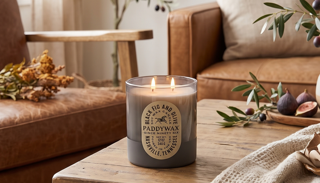 Paddywax Vista Scented Candle with Lid in Reusable Tonal Glass Jar, Clean-Burn 2-Wick Soy Candle with Approx. 84 Hour Burn Time, Decorative Gift Candles for Home, Black Fig & Olive, 12 oz
