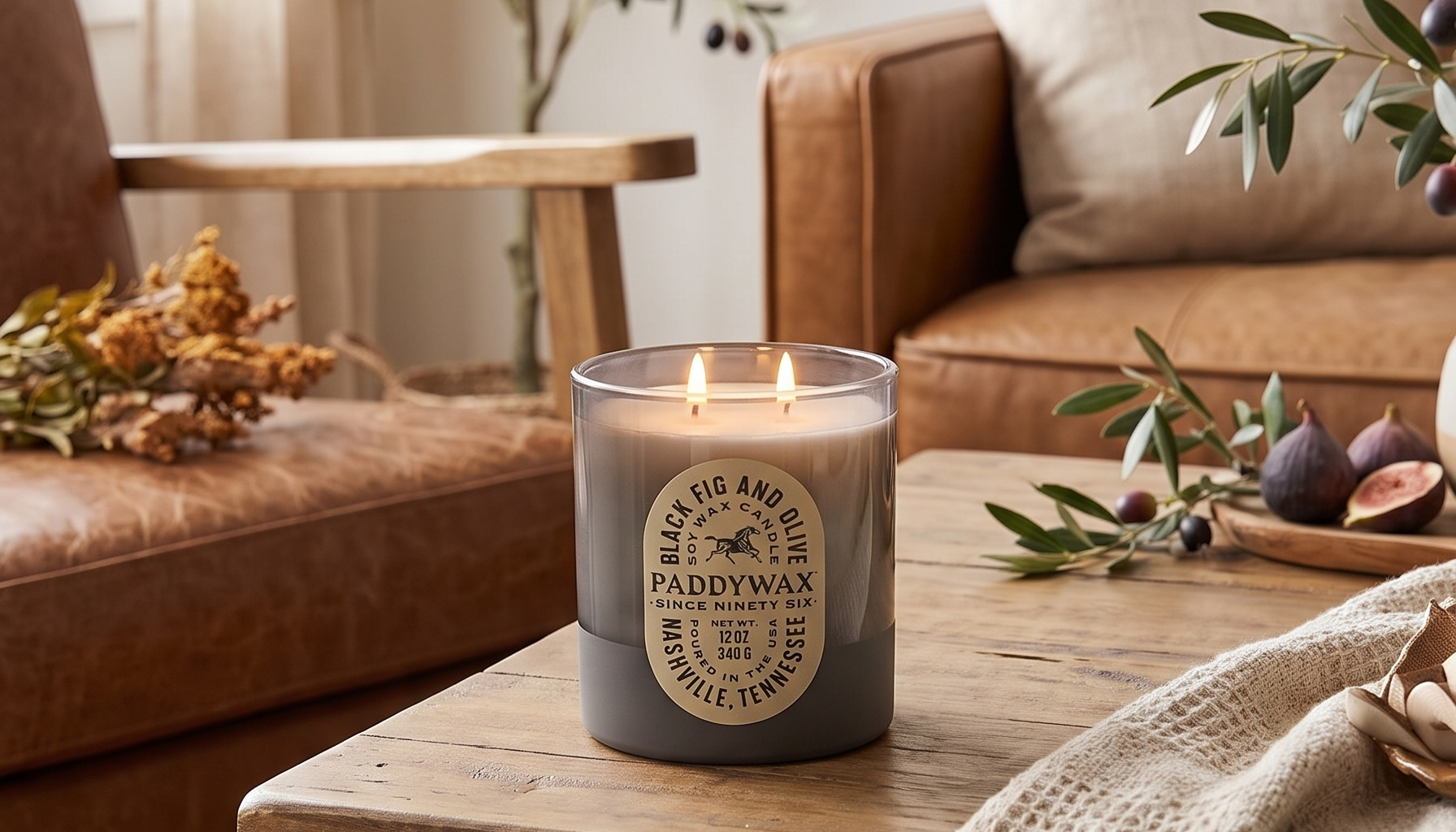 Paddywax Vista Scented Candle with Lid in Reusable Tonal Glass Jar, Clean-Burn 2-Wick Soy Candle with Approx. 84 Hour Burn Time, Decorative Gift Candles for Home, Black Fig & Olive, 12 oz