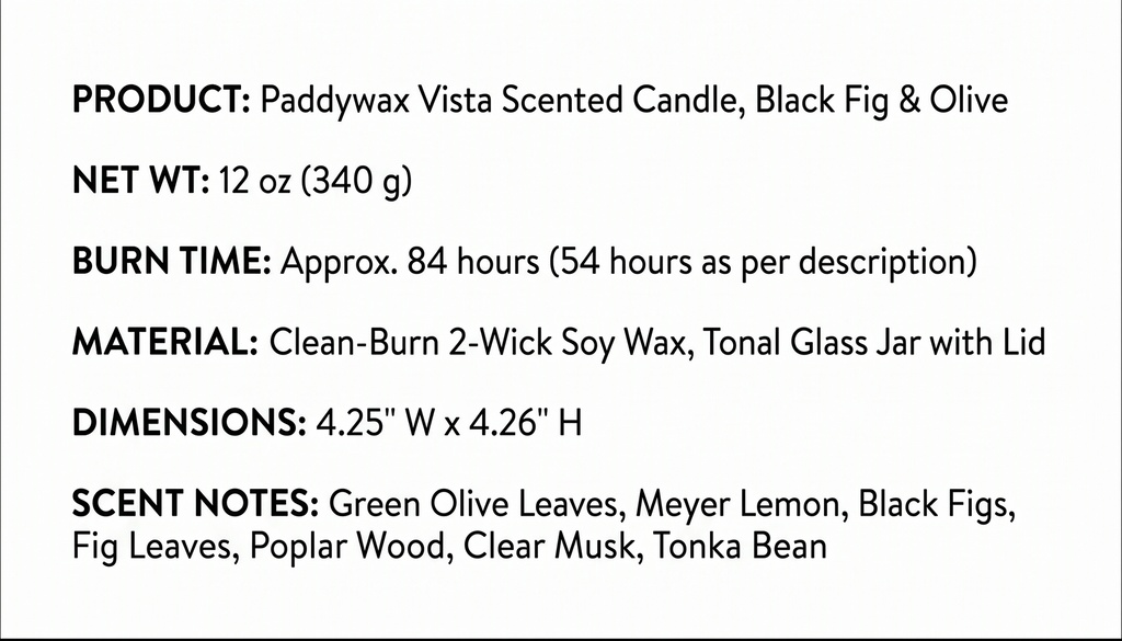 Paddywax Vista Scented Candle with Lid in Reusable Tonal Glass Jar, Clean-Burn 2-Wick Soy Candle with Approx. 84 Hour Burn Time, Decorative Gift Candles for Home, Black Fig & Olive, 12 oz