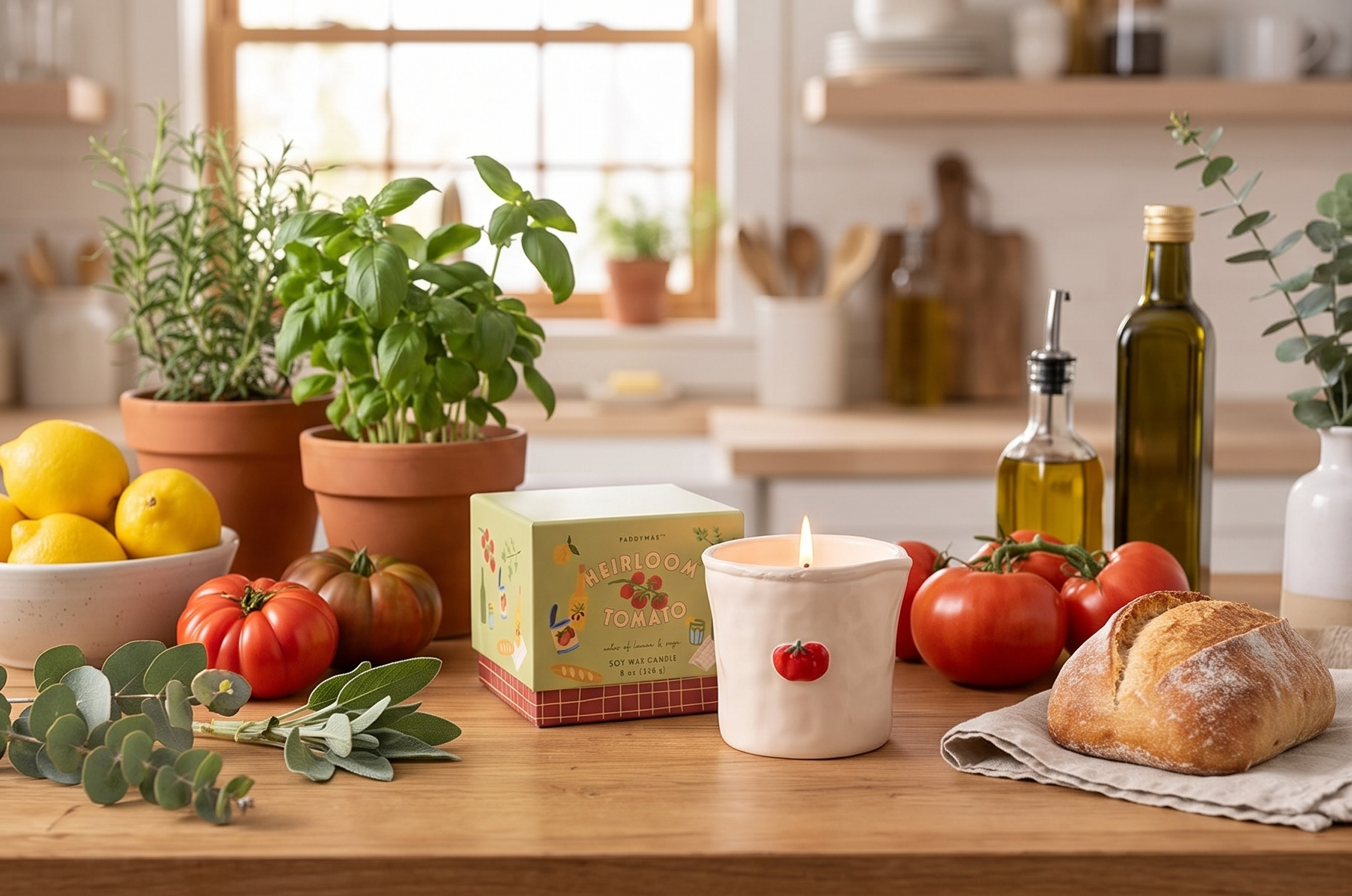 Paddywax Bistro Hand Painted Scented Candle in Ceramic Reusable Food-Safe Jar with Gift Box, Soy Candle with Approx. 56 Hour Burn Time, Heirloom Tomato, 8 oz