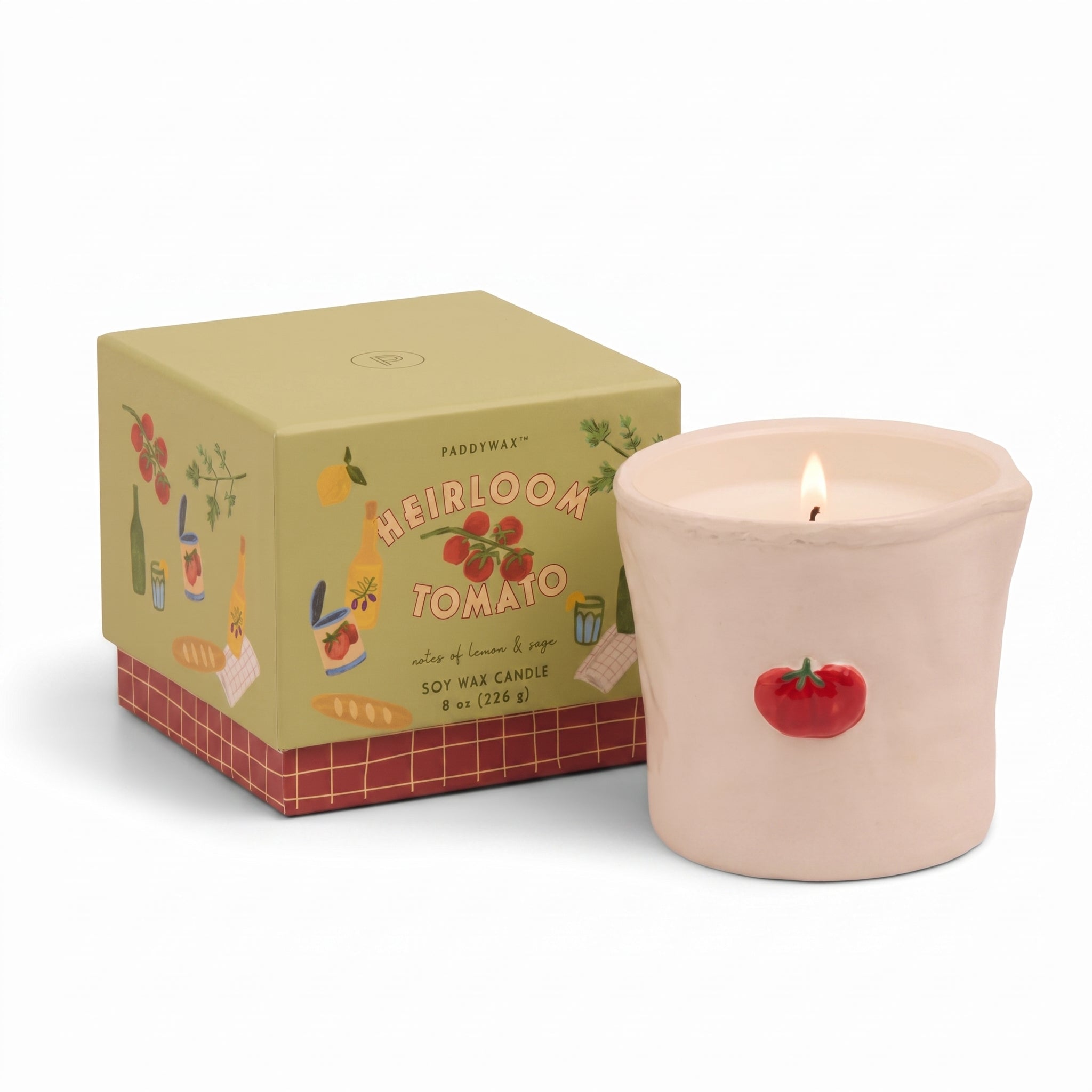Paddywax Bistro Hand Painted Scented Candle in Ceramic Reusable Food-Safe Jar with Gift Box, Soy Candle with Approx. 56 Hour Burn Time, Heirloom Tomato, 8 oz