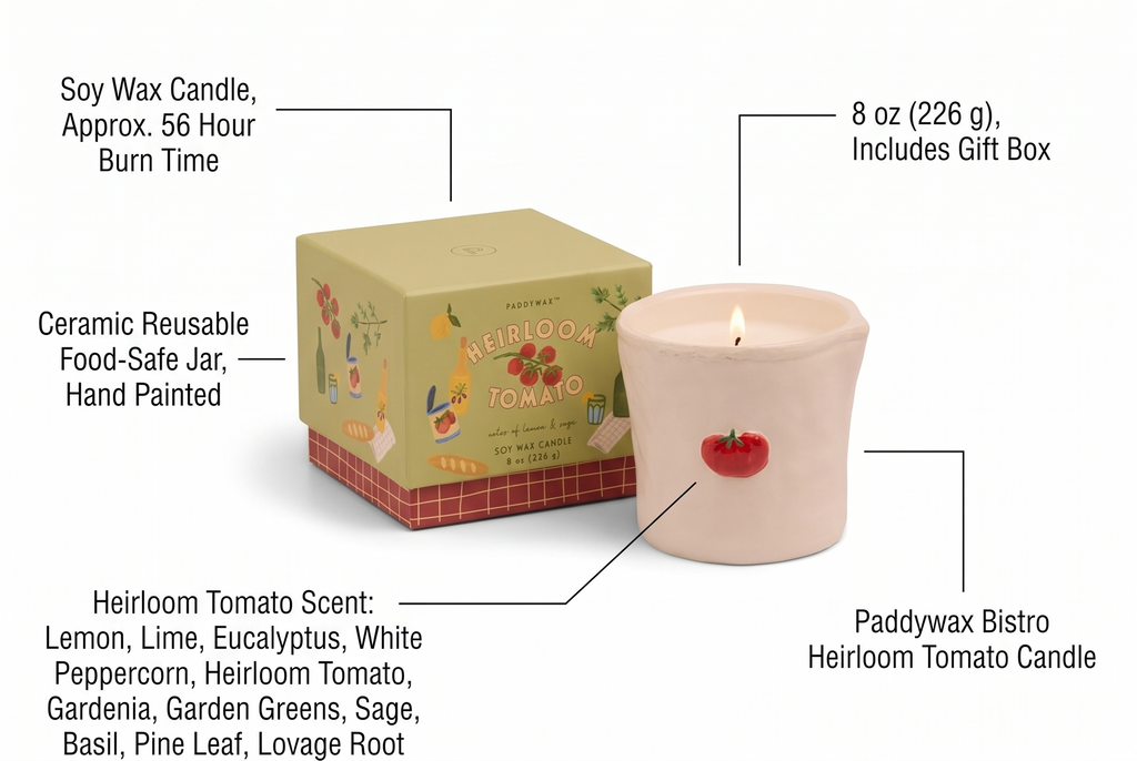 Paddywax Bistro Hand Painted Scented Candle in Ceramic Reusable Food-Safe Jar with Gift Box, Soy Candle with Approx. 56 Hour Burn Time, Heirloom Tomato, 8 oz