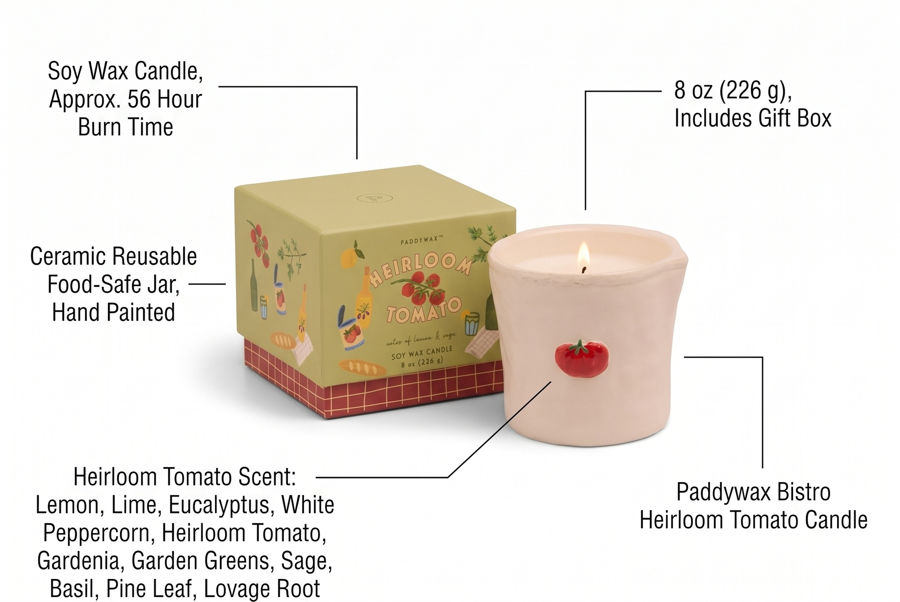 Paddywax Bistro Hand Painted Scented Candle in Ceramic Reusable Food-Safe Jar with Gift Box, Soy Candle with Approx. 56 Hour Burn Time, Heirloom Tomato, 8 oz