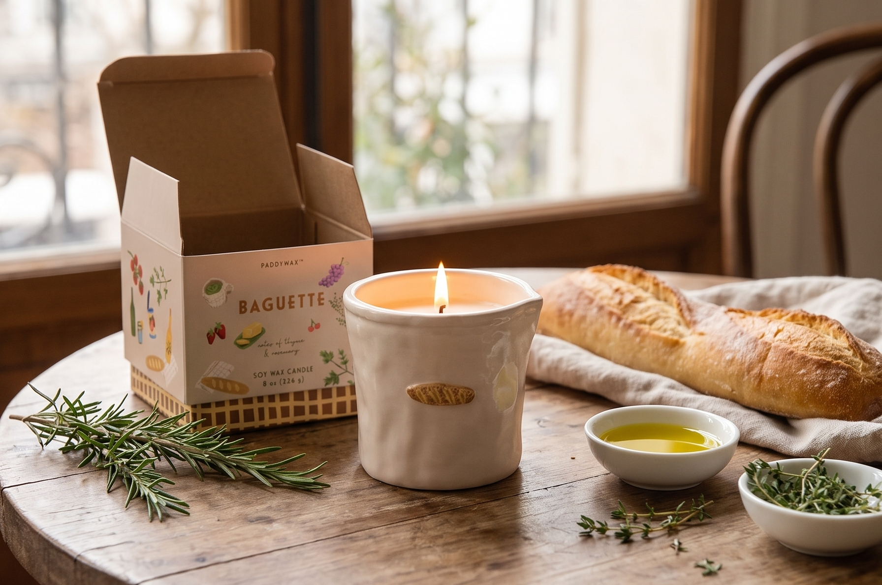 Paddywax Bistro Hand Painted Scented Candle in Ceramic Reusable Food-Safe Jar with Gift Box, Soy Candle with Approx. 56 Hour Burn Time, French Baguette, 8 oz