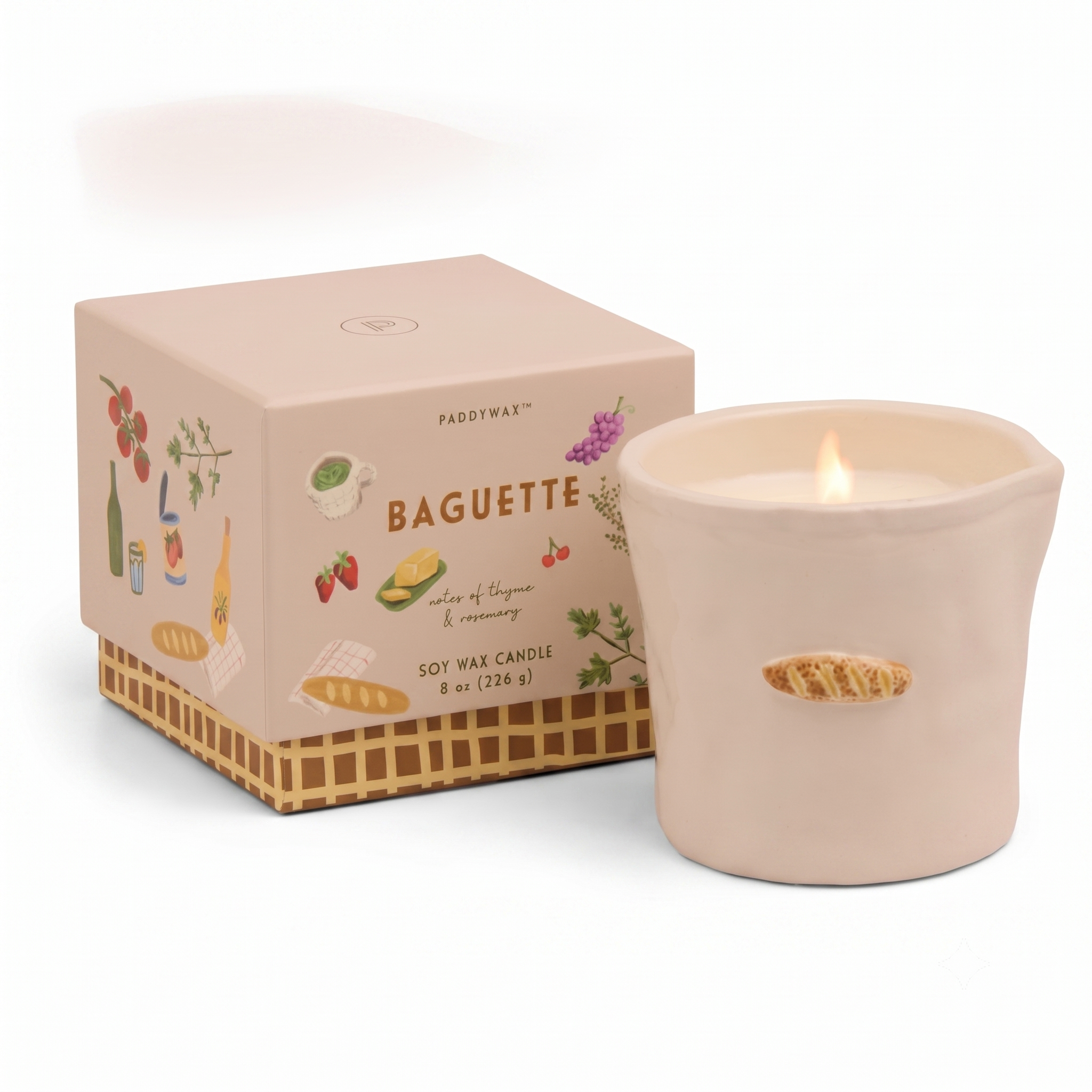 Paddywax Bistro Hand Painted Scented Candle in Ceramic Reusable Food-Safe Jar with Gift Box, Soy Candle with Approx. 56 Hour Burn Time, French Baguette, 8 oz