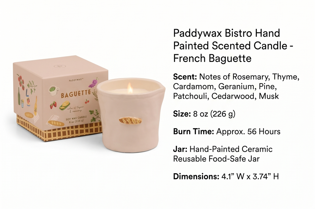 Paddywax Bistro Hand Painted Scented Candle in Ceramic Reusable Food-Safe Jar with Gift Box, Soy Candle with Approx. 56 Hour Burn Time, French Baguette, 8 oz