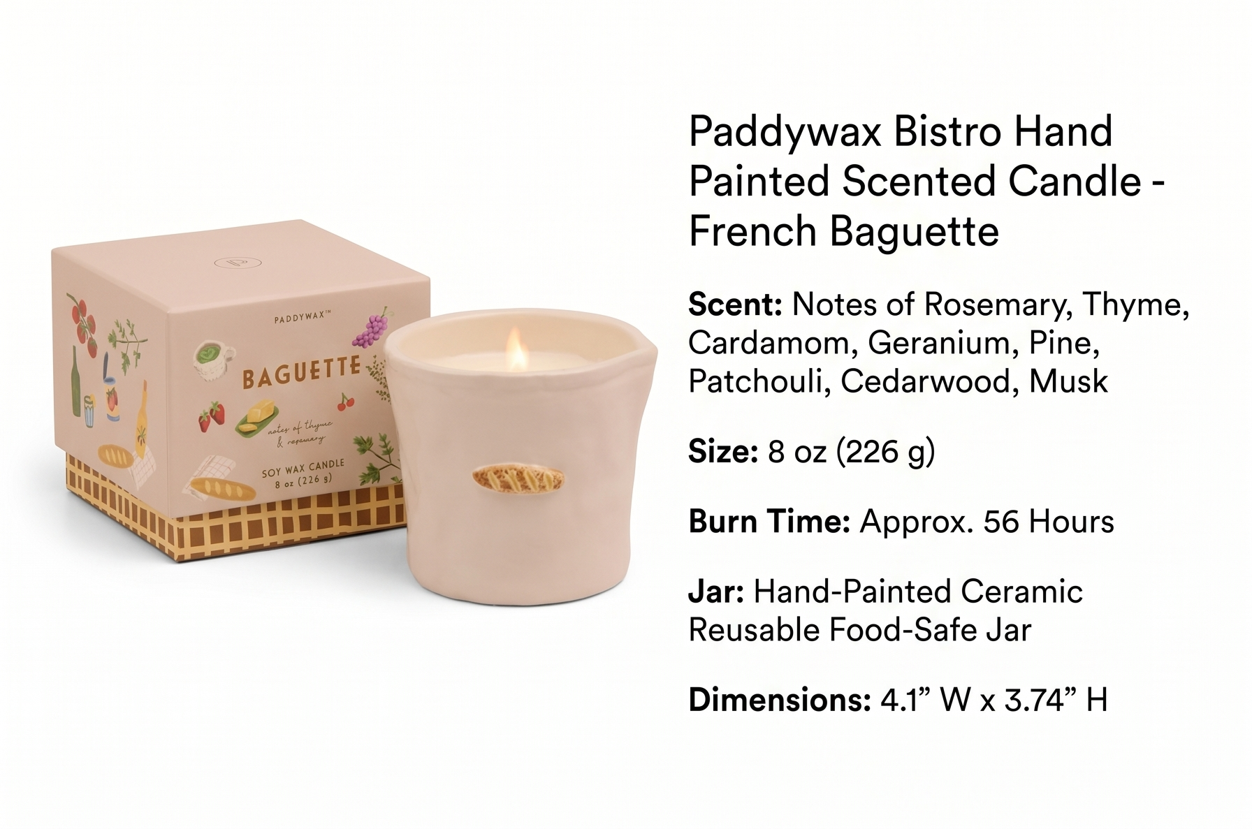 Paddywax Bistro Hand Painted Scented Candle in Ceramic Reusable Food-Safe Jar with Gift Box, Soy Candle with Approx. 56 Hour Burn Time, French Baguette, 8 oz