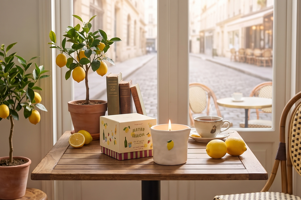 Paddywax Bistro Hand Painted Scented Candle in Ceramic Reusable Food-Safe Jar with Gift Box, Soy Candle with Approx. 56 Hour Burn Time, Meyer Lemon, 8 oz