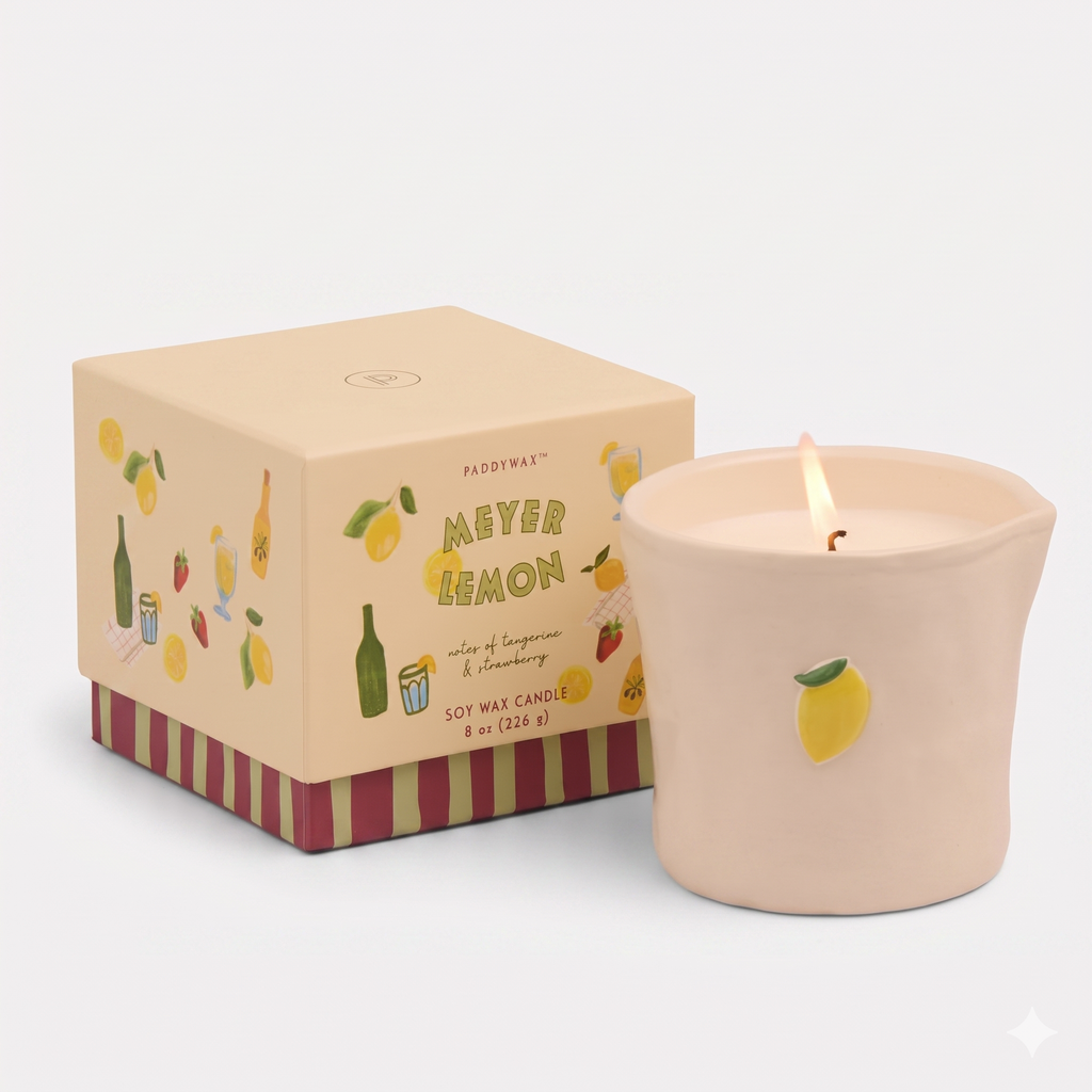 Paddywax Bistro Hand Painted Scented Candle in Ceramic Reusable Food-Safe Jar with Gift Box, Soy Candle with Approx. 56 Hour Burn Time, Meyer Lemon, 8 oz