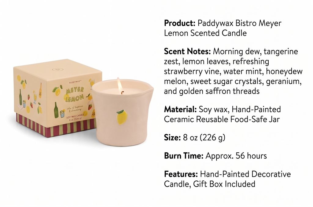 Paddywax Bistro Hand Painted Scented Candle in Ceramic Reusable Food-Safe Jar with Gift Box, Soy Candle with Approx. 56 Hour Burn Time, Meyer Lemon, 8 oz