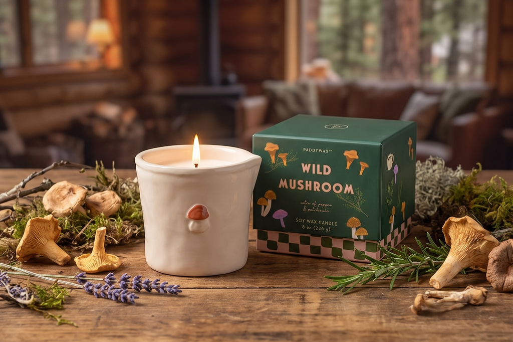 Paddywax Bistro Hand Painted Scented Candle in Ceramic Reusable Food-Safe Jar with Gift Box, Soy Candle with Approx. 56 Hour Burn Time, Wild Mushroom, 8 oz