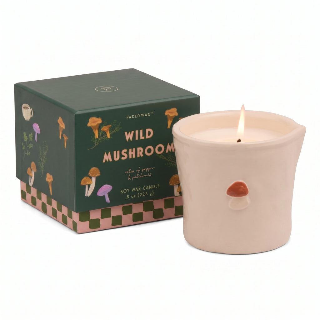 Paddywax Bistro Hand Painted Scented Candle in Ceramic Reusable Food-Safe Jar with Gift Box, Soy Candle with Approx. 56 Hour Burn Time, Wild Mushroom, 8 oz