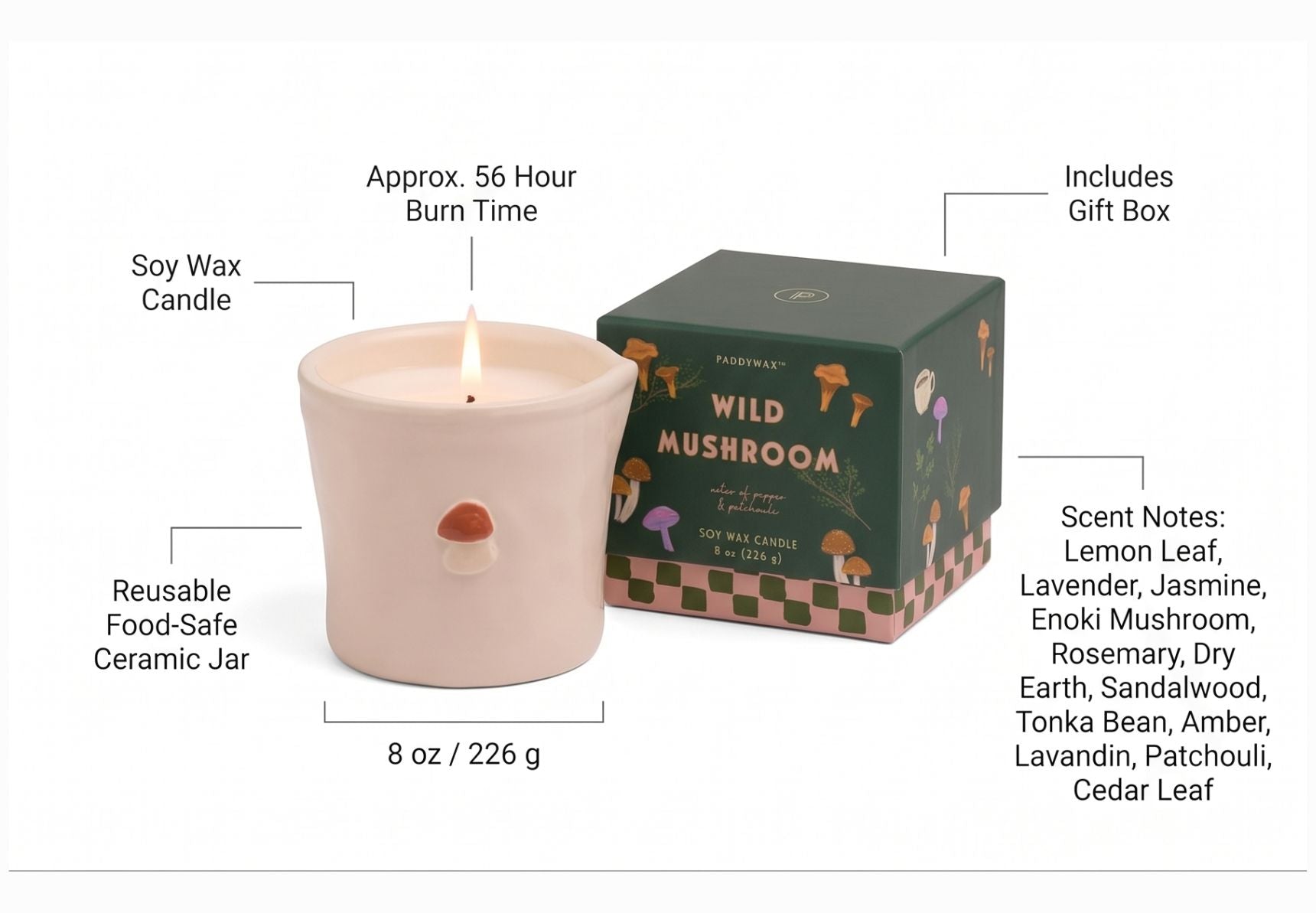 Paddywax Bistro Hand Painted Scented Candle in Ceramic Reusable Food-Safe Jar with Gift Box, Soy Candle with Approx. 56 Hour Burn Time, Wild Mushroom, 8 oz