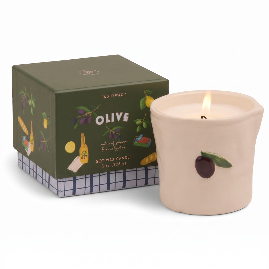 Paddywax Bistro Hand Painted Scented Candle in Ceramic Reusable Food-Safe Jar with Gift Box, Soy Candle with Approx. 56 Hour Burn Time, Fig & Olive, 8 oz