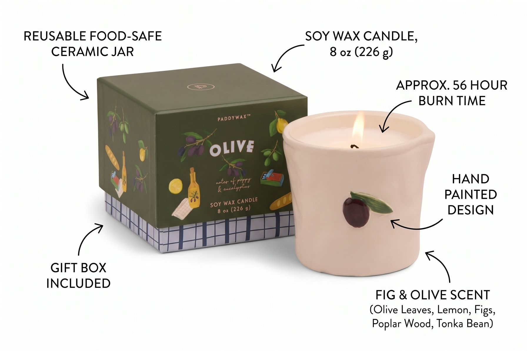 Paddywax Bistro Hand Painted Scented Candle in Ceramic Reusable Food-Safe Jar with Gift Box, Soy Candle with Approx. 56 Hour Burn Time, Fig & Olive, 8 oz