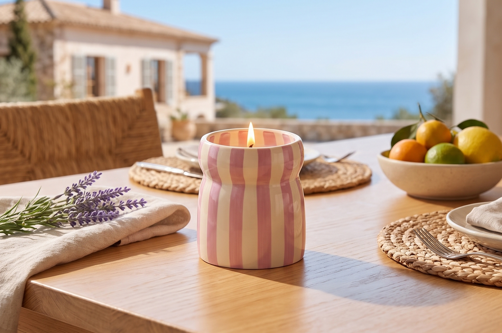 Paddywax Cabana Hand-Painted Scented Candle in Ceramic Reusable Food Safe Jar, Clean-Burn Soy Candle with Approx. 42 Hour Burn Time, Lavendar – Grecian Sand, 6.5 oz